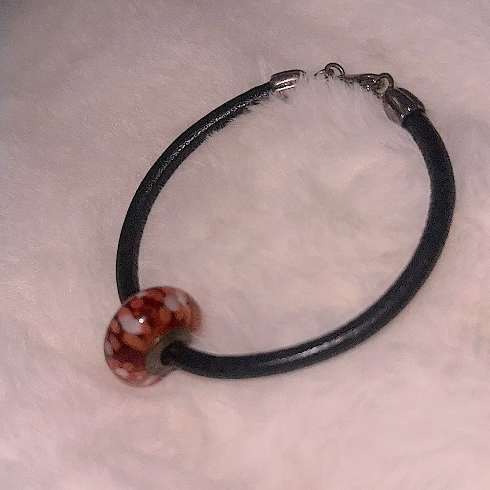 Pandora Orange Blossoms Glass Bead Leather Cord Bracelet!